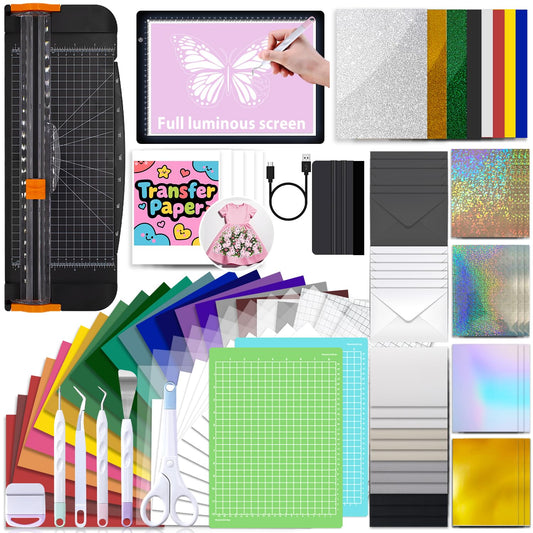 Convend The All-in-One Accessories and Supplies Bundle for Xtra-103Pcs Starter Kit with Weeding Tools, HTVs, Permanent Vinyl, Transfer Paper, LED Light Pad, Paper Cutter for Crafting Projects