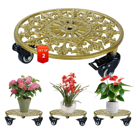 GARGENTOL 2 Pack 11 Inch Gold Metal Plant Caddy with Wheels, Round Rolling Plant Stand Heavy Duty Indoor Outdoor Planter Dolly, Plant Pot Mover for Large Flower Pots and Planters