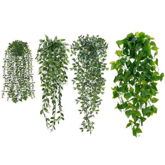 BLEUM CADE Fake Hanging Plants Mixed Set, 4pcs Artificial Hanging Plant, Faux Hanging Potted Plants Greenery for Wall Shelf Home Living Room Indoor Outdoor Decor