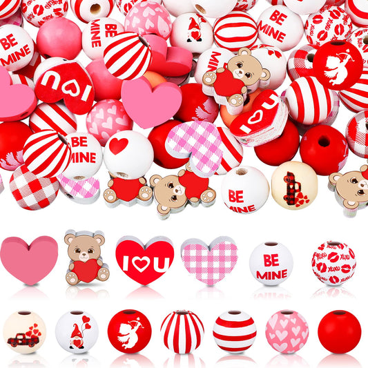 200 Pcs Valentines Day Wood Beads Pink White Hearts Beads Colorful Plaid Wooden Round Craft Wooden Natural Rustic Craft Kits for DIY Crafts Garland Party Supplies Decor