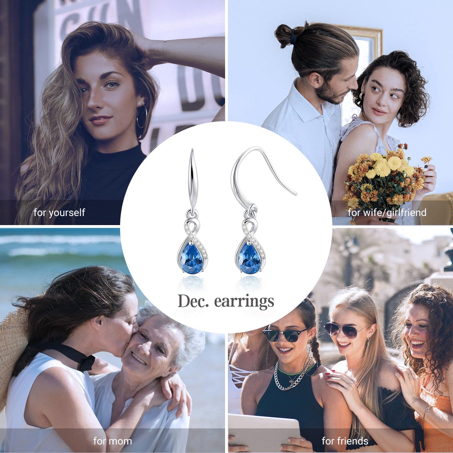 Infinity Birthstone Earrings 18K White Gold Plated 925 Sterling Silver Teardrop Infinity Drop Dangle Earrings December Birthstone Jewelry Birthday Gifts for Women Her Mother Wife