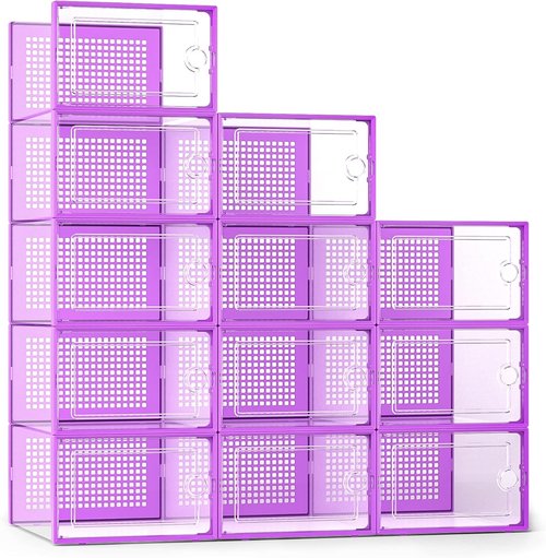 Kuject X-Large Shoe Storage Boxes - Clear Plastic Stackable 12-Pack | Sneaker & Toy Organizer Bins in Purple