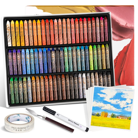 Paul Rubens Oil Pastel Set, Painting Kit, Art Supplies, Includes 72 Brightly Colored Oil Pastels + 1 Palette Knife+ 1 Roll of Masking Tape+ 1 Acrylic Marker + 10 Oil Pastel Paper