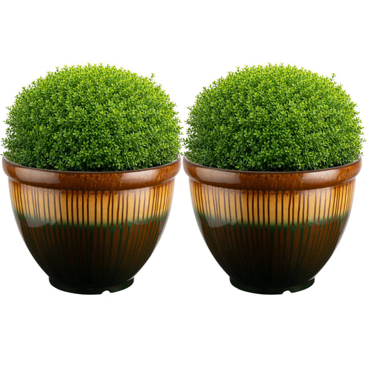 Plastic Plant Pot with Glazed Pottery Finish and Drainage - 13.7” Large Planters for Indoor Plants or Outdoor Garden - UV Resistant Decorative Flower Pot Faux Ceramic Planter by Pure Garden (Bronze)