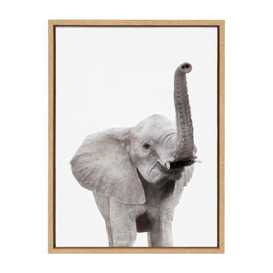 Kate and Laurel Sylvie Elephant with Raised Trunk Animal Print Portrait Framed Canvas Wall Art by Amy Peterson, 18x24 Natural