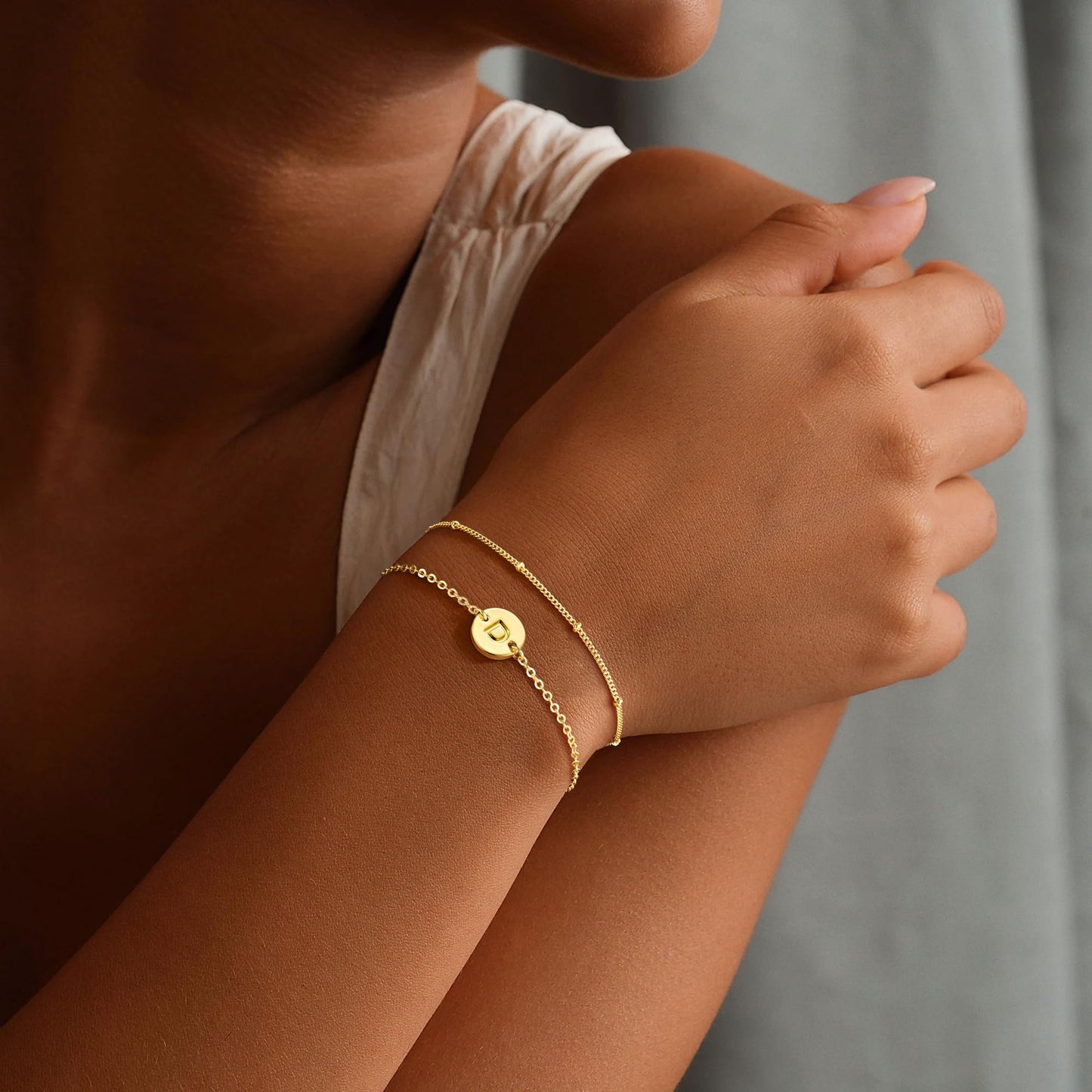 MONOZO Gold Initial Bracelets for Women, Dainty 14K-gold-plated Layered Beaded D Letter Initial Bracelet Personalized Alphabet Disc Monogram Charm Bracelet Jewelry Gifts