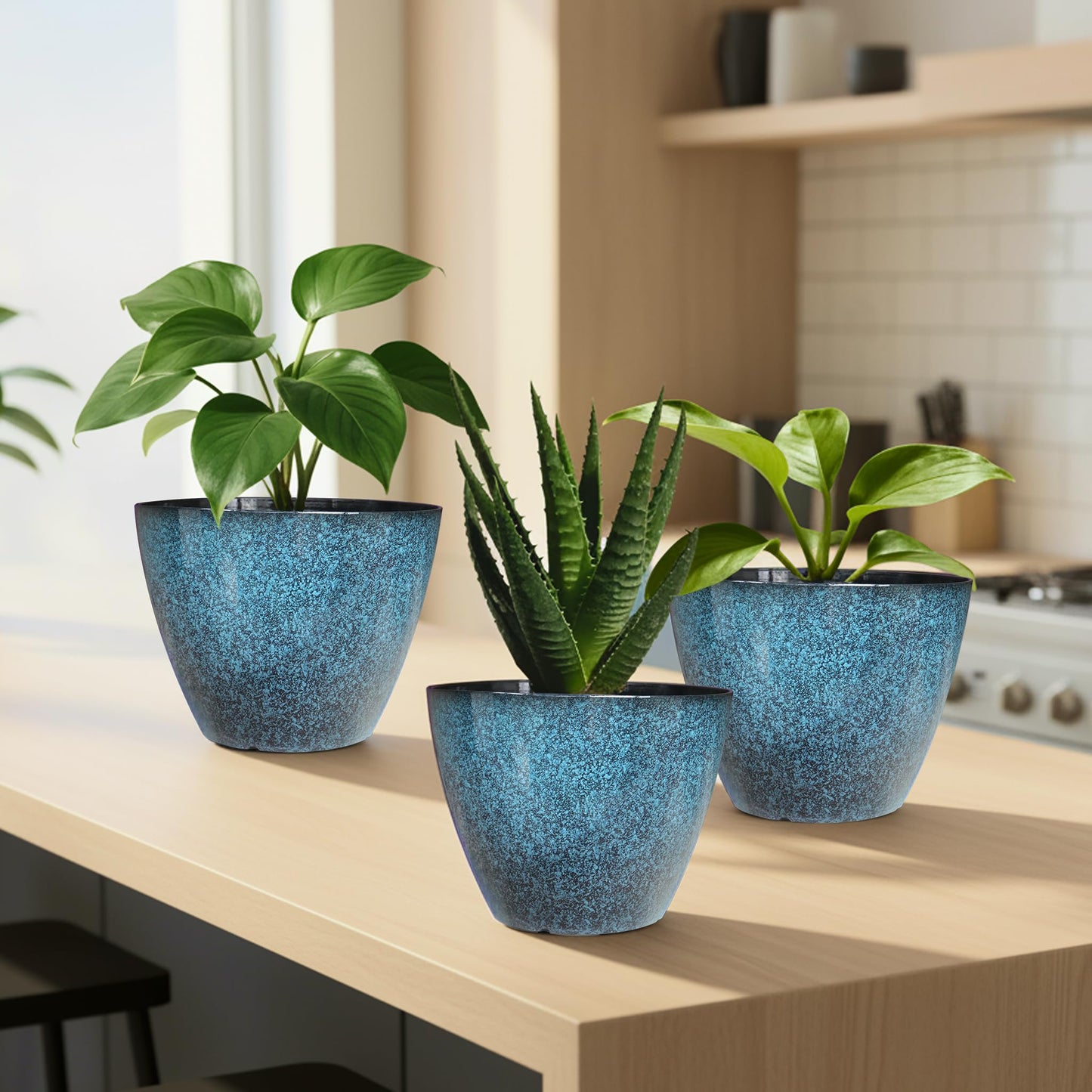 Vanslogreen Plant Pots Set of 2, 8 inch Plastic Planters with Drainage Holes, Modern Glaze Flower Plant Pot for Indoor Outdoor Herb Snake Succulent Plants