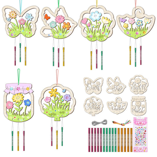 12PCS Spring Wind Chime Kit,Make Your Own Hollow Out Floral Wind Chime DIY Coloring Wood Crafts Spring Wooden Arts and Crafts for Home School Activities Party Decoration