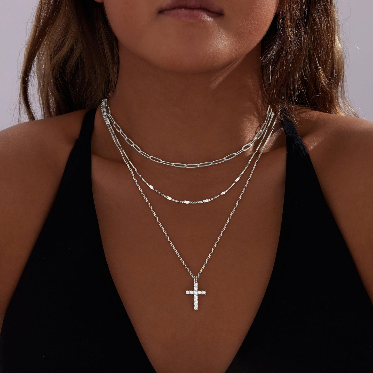 Layered Silver Gold Necklaces for Women,Silver Plated Dainty Stackable Choker Necklaces for Women,Trendy Layering Cubic Zirconia Cross Pendant Paperclip Thin Chain Necklace Set Jewelry Gifts for Women