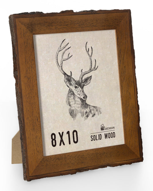 Axeman Rustic 8x10 Picture Frame|Natural Solid Wood 8 X 10 Photo Frame with Live Bark Edges|Tempered Glass|8 by 10 Vintage Frame for Tabletop or Wall Display|Farmhouse Countryside Decor