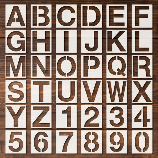 BLOSSOMLAYER Letter Stencils 36pcs 6 Inch Number Alphabet Reusable Plastic TemplatesCraft Stencil Paint Template for Wood Wall Fabric Rock Signage（6in）
