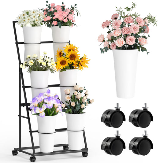Invech Flower Display Stand with 6 Buckets and Wheels, 3 Tier Flower Cart Display Stand for Indoor Outdoor Garden, Wedding, Flower Shop (Existing Patent)
