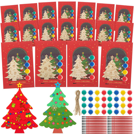 Blueweenly 24 Sets Christmas Craft Painting Kits for Kid DIY Wooden Christmas Tree Ornaments with Greeting Cards to Paint Cutouts Crafts Decorations Art Craft for Classroom Holiday Activities Party