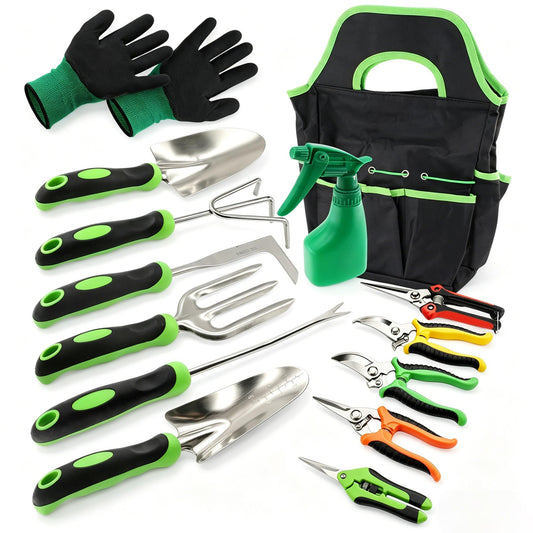 SHRJ 15Pcs Garden Tool Set Heavy Duty Stainless Steel Gardening Hand Tools with 5 Garden Shears Non-Slip Rubber Grip Spade Shovel Organizer Handbag Gardening Gifts for Family Friends