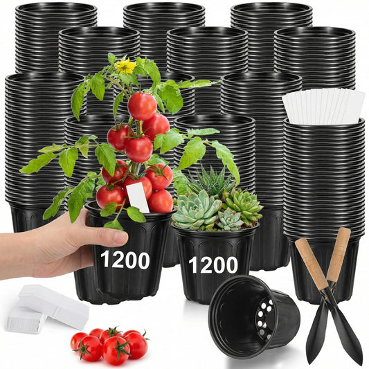RimCereal 1200 Pcs 1 Gallon Plastic Plants Nursery Pots Bulk with Plant Labels, Thickened Soft Black Seedling Pots with Drainage Holes, Flower Plant Containers with Shovel for Seed Succulents Supply