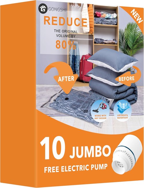 GONGSHI Vacuum Seal Bags - Jumbo Space Saver for Clothing & Home Storage with Electric Pump | 10 Pack