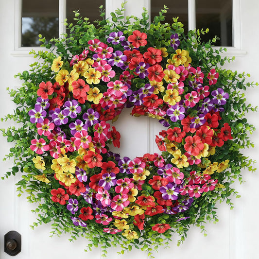 26" Large Artificial Eucalyptus with Flower Wreath for Front Door - Realistic Fake Silk Morning Glory Flowers, Faux Colored Flower Wreath for Home, Farmhouse, Indoor, Outdoor Decor (Mixed Color)