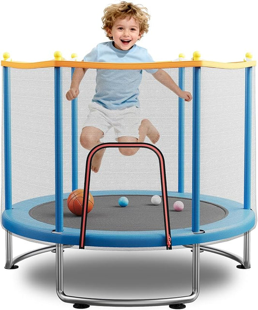 Kids Trampoline with Safety Net – 440lbs Capacity, Upgraded Rust-Proof Ring Legs, Adjustable Gymnastics Bar & Toys – Indoor Outdoor Toddler Trampoline for Boys & Girls Ages 1-8