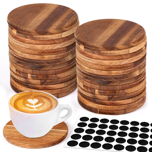 26 Pieces Unfinished Wood Coasters, 4 Inch Round Acacia Wooden Coasters for Crafts with Non-Slip Silicon Dots for DIY Stained Painting Wood Engraving Home Decoration