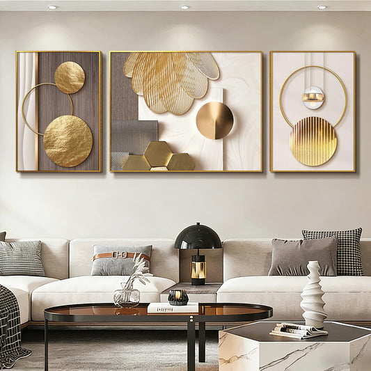 Azartslr Large Framed Modern Rose Gold Wall Art, Luxury 3 Pieces Aluminum Alloy Wall Decor for Living Room, Abstract Gold and Beige Home Bedroom Art Painting, Geometric Crystal Porcelain Artwork Dining Room Pictures Decoration