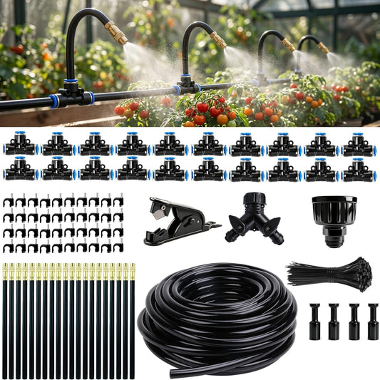 2026-Upgrade 100Ft 1/4" Drip Irrigation System,Garden Watering Kit with 20Pcs 360° Adjustable Copper Nozzles,Automatic Atomizing Sprinkler,DIY for Outdoor,Lawn,Greenhouse,Raised Beds (100FT/20pcs)