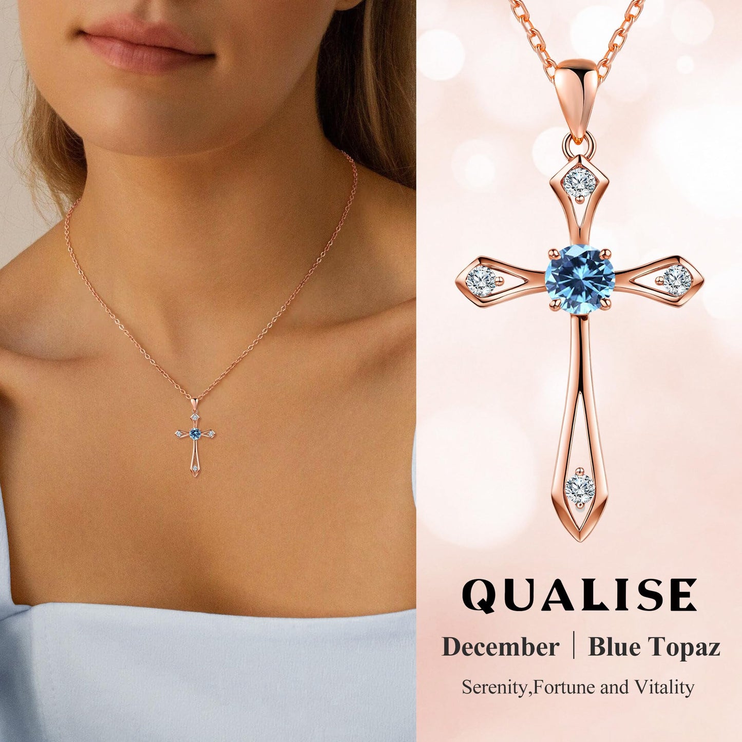 Cross Necklace for Women ,925 Sterling Silver Birthstone Necklace,Blue Topaz- December Birthstone Cross Necklace,Faith Religious Fine Jewelry Valentines Day Gifts Birthday Holiday Gifts for Her