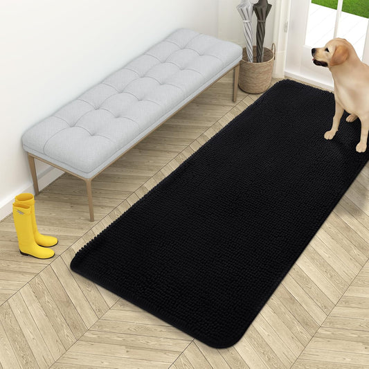 OLANLY Dog Door Mat - Absorbent Non-Slip Chenille Mat for Muddy Paws | 54x24 Inches, Quick Dry, Black
