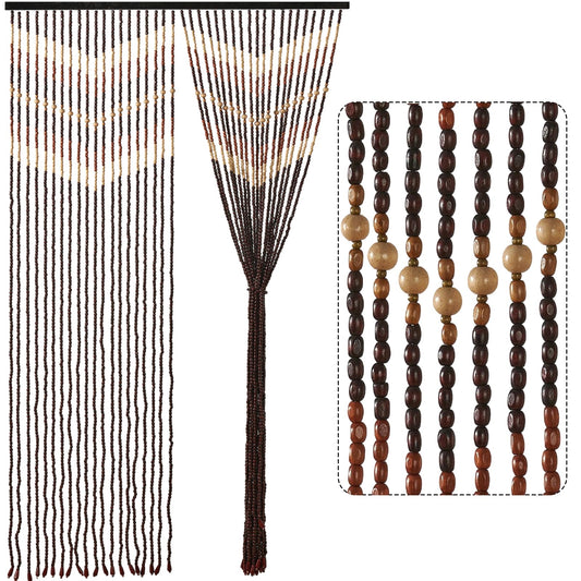HYVAKUPPA 35.5" x 75" Boho Wood Bead Curtain for Doorways 40 Strands Door String Curtains Handmade Beaded Curtain Window Hanging Room Divider Wave Pattern for Home Decoration, Dark Brown