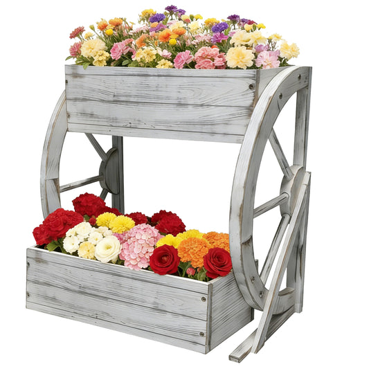 2 Tier Medium Wooden Wagon Planter Box|Outdoor Planter/Flower Pot for Indoor&Outdoor Plants-Rustic Garden Planter for Patio,Porch&Garden Decor-Raised Garden Bed for Succulents,Herbs,Vegetables