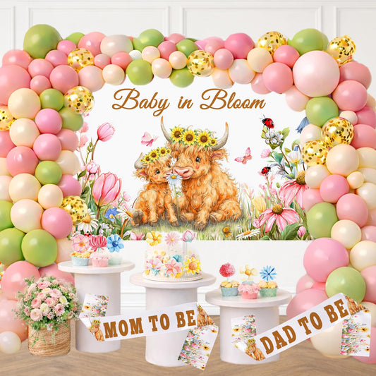 Baby in Bloom Baby Shower Decorations Kit 130PCS for Girl, Highland Cow Floral Baby Shower Decor, Pink Baby Shower with Balloon Garland Arch, Backdrop Banner, Cake Topper, Mom to Be & Dad to Be Sash