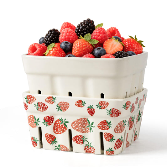 AELS Ceramic Berry Basket, 5.9" Large Size Container for Fruit & Vegetables, Farmhouse Fruit Bowl, Strawberry Decor, Farmers Market, White Pink and Cute Strawberry Pattern, Stoneware Harvest Bowls for
