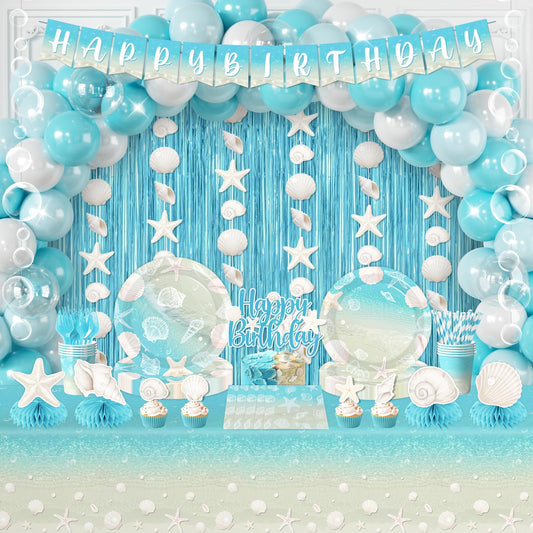 Beach Birthday Party Decorations, All-in-1 Ocean Themed Party Decorations with Balloon Arch Fringe Backdrop Seashell Bubble Garland Plates Napkins Centerpieces Cake Topper for Coastal Party, Serve 24