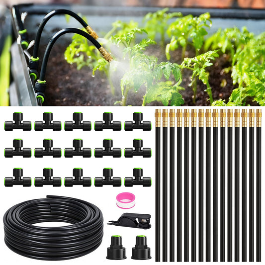 RAINPOINT 50FT Drip Irrigation System, Garden Watering Kit with 15pcs 360°Adjustable Copper Nozzles, Automatic Atomizing Watering Sprinkler System for Greenhouse, Lawn, Raised Beds, Outdoor Plants