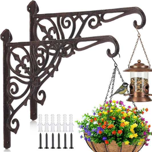Otoolling 2 Pack Cast Iron Hanging Plant Bracket 12" Outdoor Wall Plant Hangers Hooks Heavy Duty Hanging Bracket Hooks Vintage Decorative Wall Hangers for Pots Bird Feeder Wind Chime Lantern(Brown)