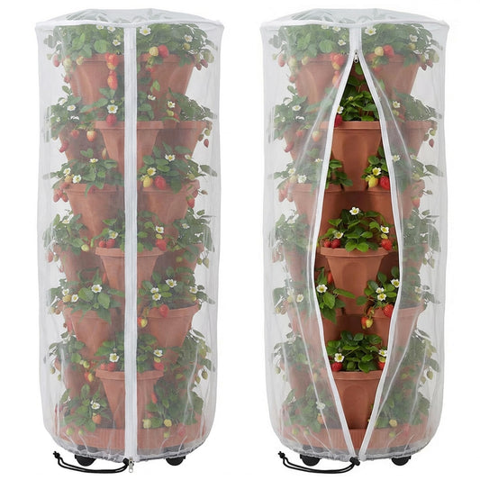 2 Pcs Vertical Plant Pot Insect Netting with Zipper, 59"x22" Stackable Planter Garden Net Cover, 6 to 7 Tier Planter Pot Insect Bird Barrier Protection Mesh for Strawberry Herb Flower Fruit Vegetable