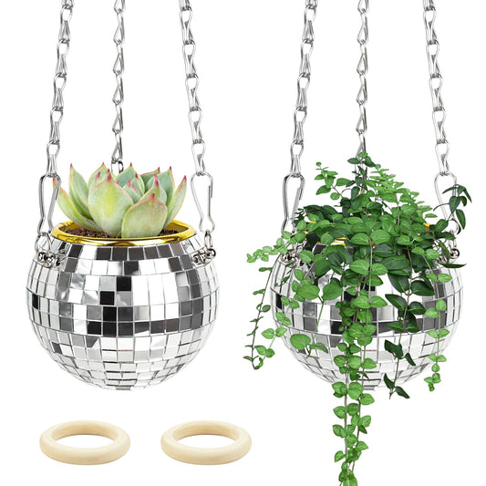 Axigundaone 2 Pcs Disco Ball Hanging Planter, 4 Inch Mirror Disco Ball Planters with Chain,Small Mirror Planter Hanging for Window, Desk
