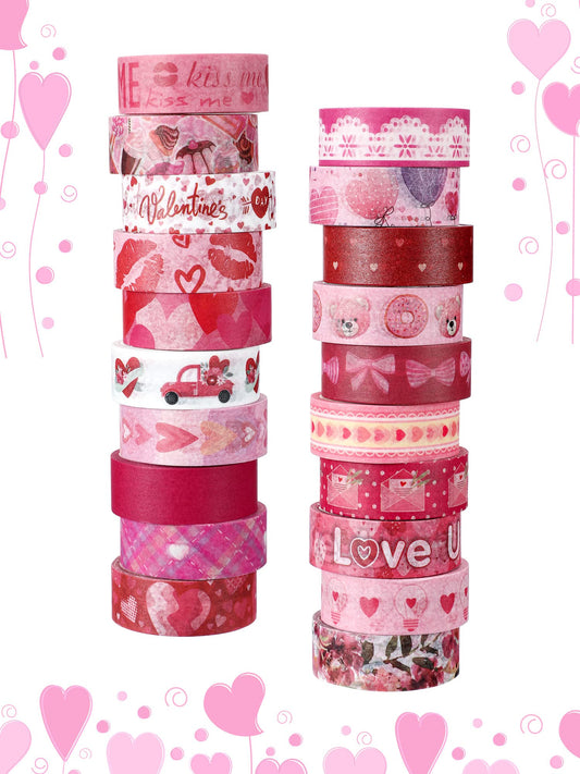 20 Rolls Valentine Washi Tape Set Heart Holiday Love Pink Masking Tape Paper Supplies for DIY Crafts Wrapping Scrapbook Party Favors