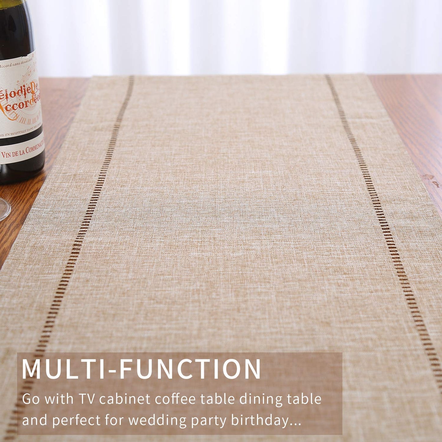 Tosewever Decorative Linen Table Runner Farmhouse Style Tabletop Collection 14 x 108 Inches Table Runners for Everyday Dining Wedding Party Holiday Home Decor (14" x 108", Light Coffee/Straight)