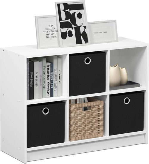 Furinno 3x2 Cube Storage Bookcase - Stylish Organizer with Bins in White and Black