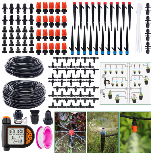 Automatic Drip Irrigation System Kit - 226FT with LCD Timer, 3 Sprayer Types Automatic Garden Watering System, 1/2 Inch Hose 1/4 Inch Distribution Tubing Garden Watering Solution for Outdoor Plants