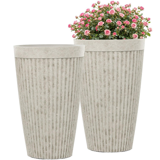 Ultym 20" Resin Tall Planters for Outdoor Plants,Set of 2 Vintage Ivory Large Flower Pots with Handmade Fluted Texture,Heavy-Duty and Weather-Resistant for Porch Christmas Decor,Garden, Patio