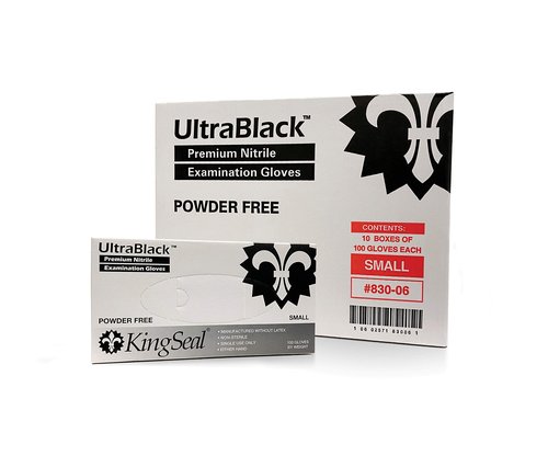 KingSeal 1000 Count UltraBlack Nitrile Exam Gloves, Medical Grade, Powder Free, Size SMALL, 4 MIL, Textured Fingertips, Made in Malaysia - 10 Boxes of 100 Gloves