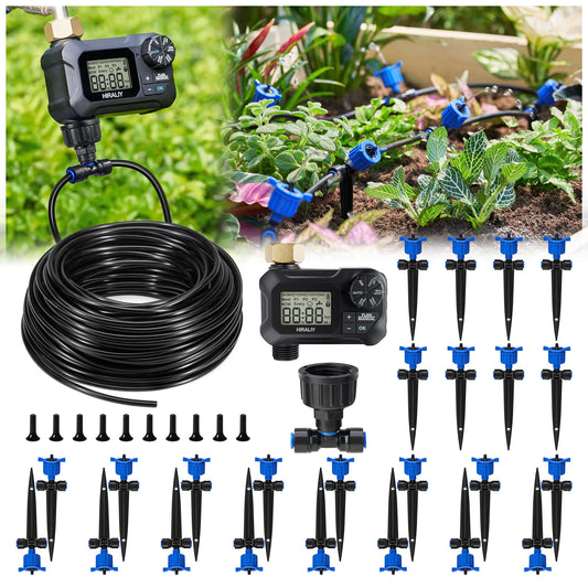 HIRALIY 100FT Pressure Compensated Drip Irrigation System with Timer, No-Leak Quick Connect Automatic Watering System, 24 Adjustable Emitters for Uniform Flow, Garden, Patio, Raised Bed