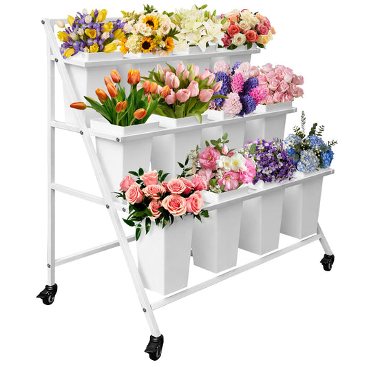 PROLEE Flower Display Stand with 12 Buckets, Flower Cart 3 Layers, Flower Stand Metal with Wheels, Moving Florist Bouquet Shelf, Triangular Rack, White
