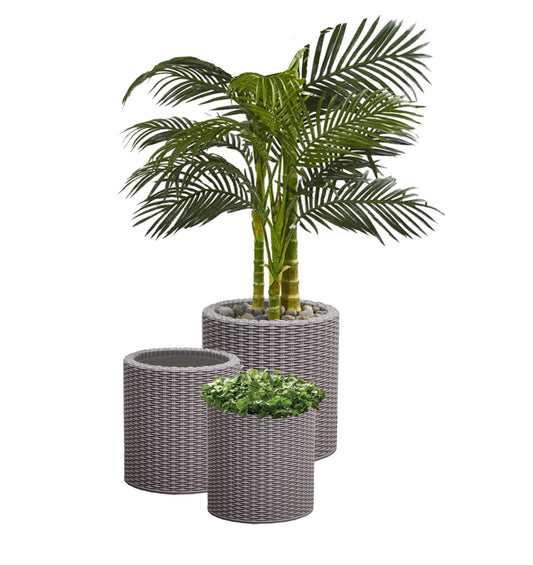 Keter Cylinder Set of 3 Rattan Resin Planter for Indoor and Outdoor Plants Ideal Decorative Planter for Porches and Patio Decor, Taupe
