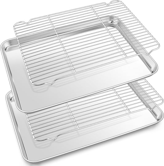 P&P CHEF 17.5 Inch Stainless Steel Baking Sheet Set - 2 Pans & Racks for Cookies | Oven & Dishwasher Safe
