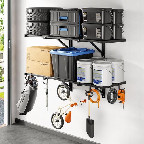 FLEXIMOUNTS Heavy-Duty Garage Wall Shelving | 2-Pack 2x4ft with 8 Hooks | 400lbs Capacity for Tools & Supplies