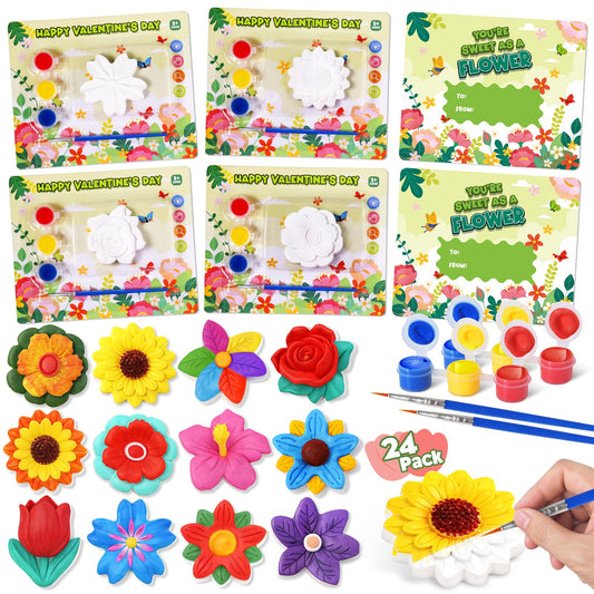 SpringFlower Valentine's Day Cards with Plaster Painting Kit for School Classroom Valentine's Gift Exchange, Valentine's Party Favor for Kids & Art and Craft Activity,24 Pack
