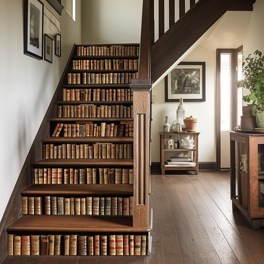 funlife 14pcs Peel and Stick Vintage Bookshelf Stair Riser Decals, Retro Decorative Bookcase Stair Riser Stickers for Kitchen Living Room Home Decor, Traditional American Walnut Bookshelf 7.09"x39.37"