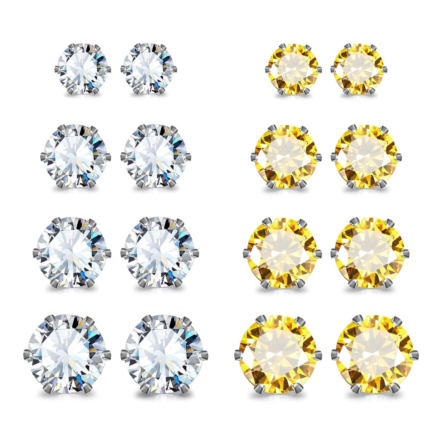 JewelrieShop Earrings for Women Studs Set Stainless Steel CZ Earing Hypoallergenic Multiple Piercing Ear Stud (8 pairs,4-8mm,White,Yellow CZ)